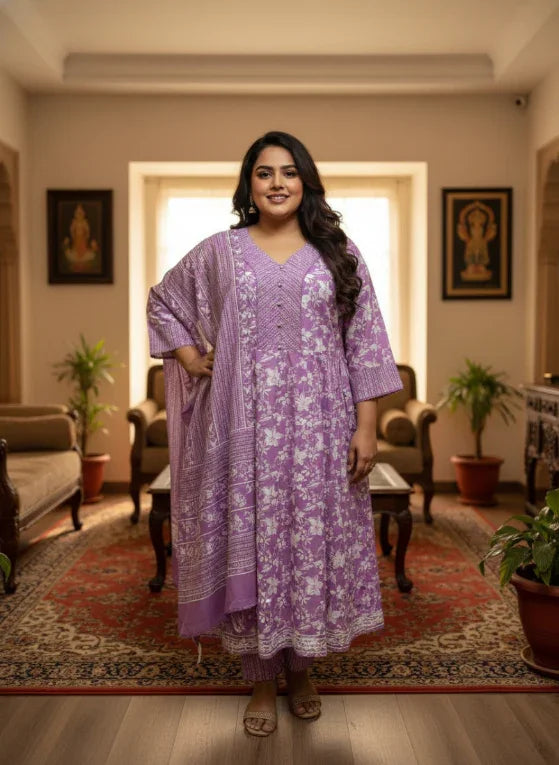 Plus Size Purple Anarkali Cotton Printed Flared Kurta Pant Set with Dupatta-210008 Secondary image