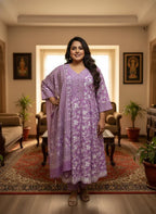 Plus Size Purple Anarkali Cotton Printed Flared Kurta Pant Set with Dupatta-210008