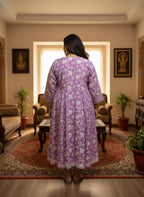 Plus Size Purple Anarkali Cotton Printed Flared Kurta Pant Set with Dupatta-210008