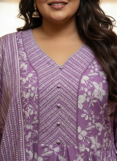 Plus Size Purple Anarkali Cotton Printed Flared Kurta Pant Set with Dupatta-210008