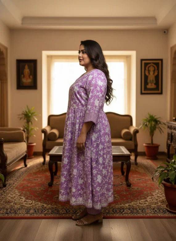 Plus Size Purple Anarkali Cotton Printed Flared Kurta Pant Set with Dupatta-210008