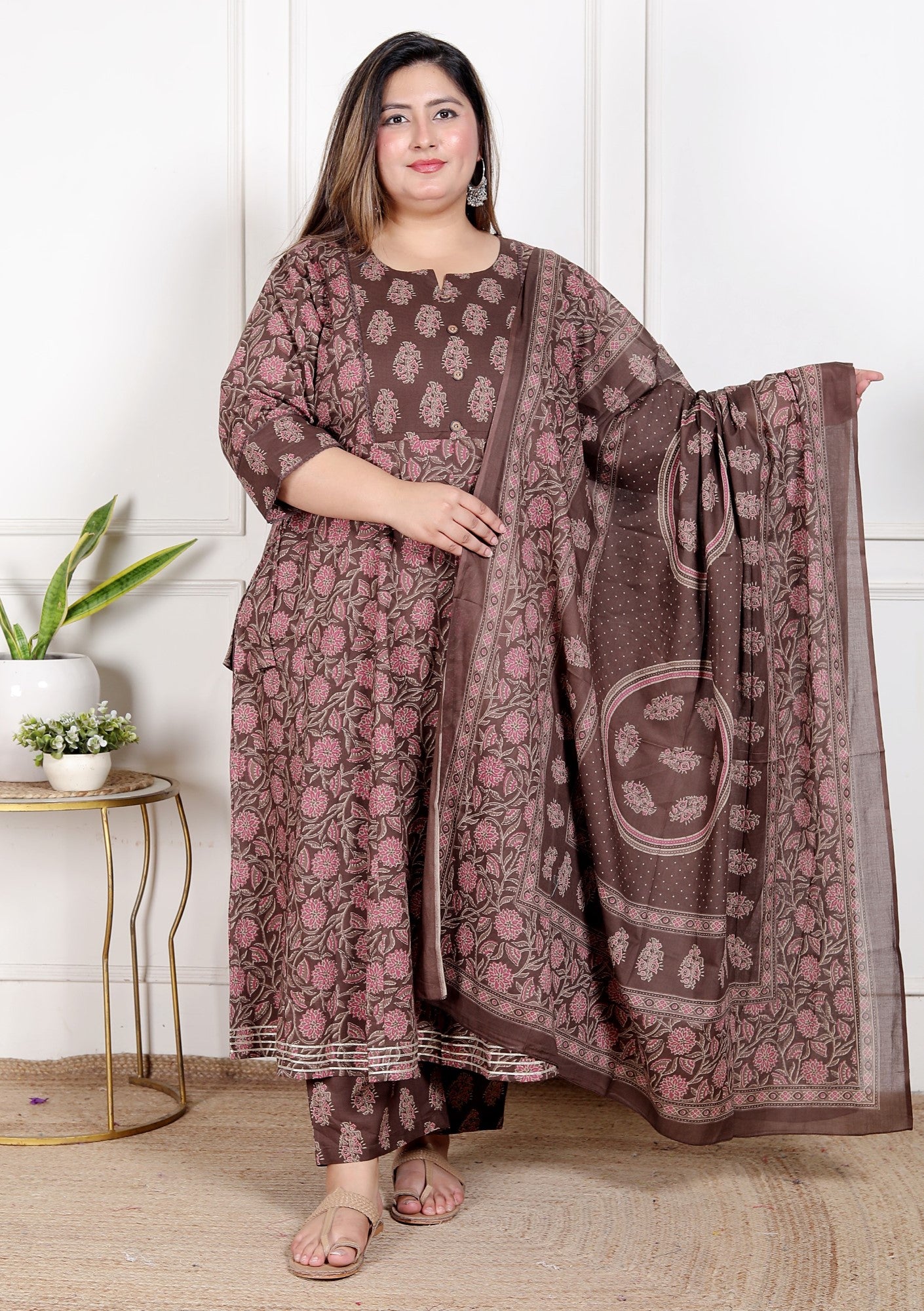 Plus Size Brown Anarkali Cotton Printed Flared Kurta Pant Set with Dupatta-210009 Secondary image