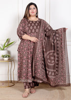 Plus Size Brown Anarkali Cotton Printed Flared Kurta Pant Set with Dupatta-210009