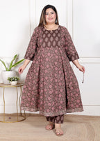 Plus Size Brown Anarkali Cotton Printed Flared Kurta Pant Set with Dupatta-210009