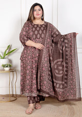 Plus Size Brown Anarkali Cotton Printed Flared Kurta Pant Set with Dupatta-210009