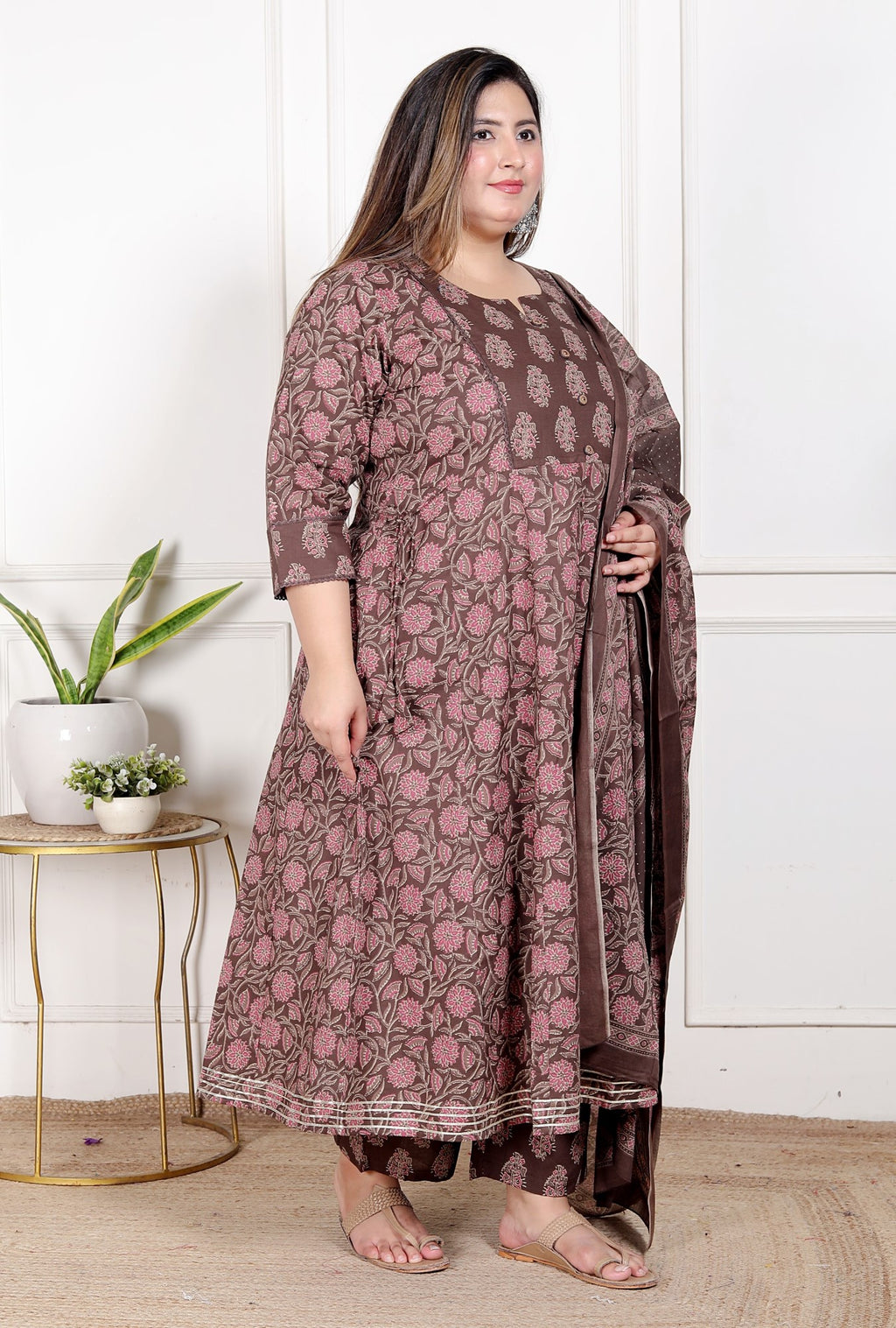 Plus Size Brown Anarkali Cotton Printed Flared Kurta Pant Set with Dupatta-210009