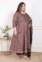 Plus Size Brown Anarkali Cotton Printed Flared Kurta Pant Set with Dupatta-210009