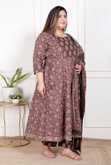 Plus Size Brown Anarkali Cotton Printed Flared Kurta Pant Set with Dupatta-210009