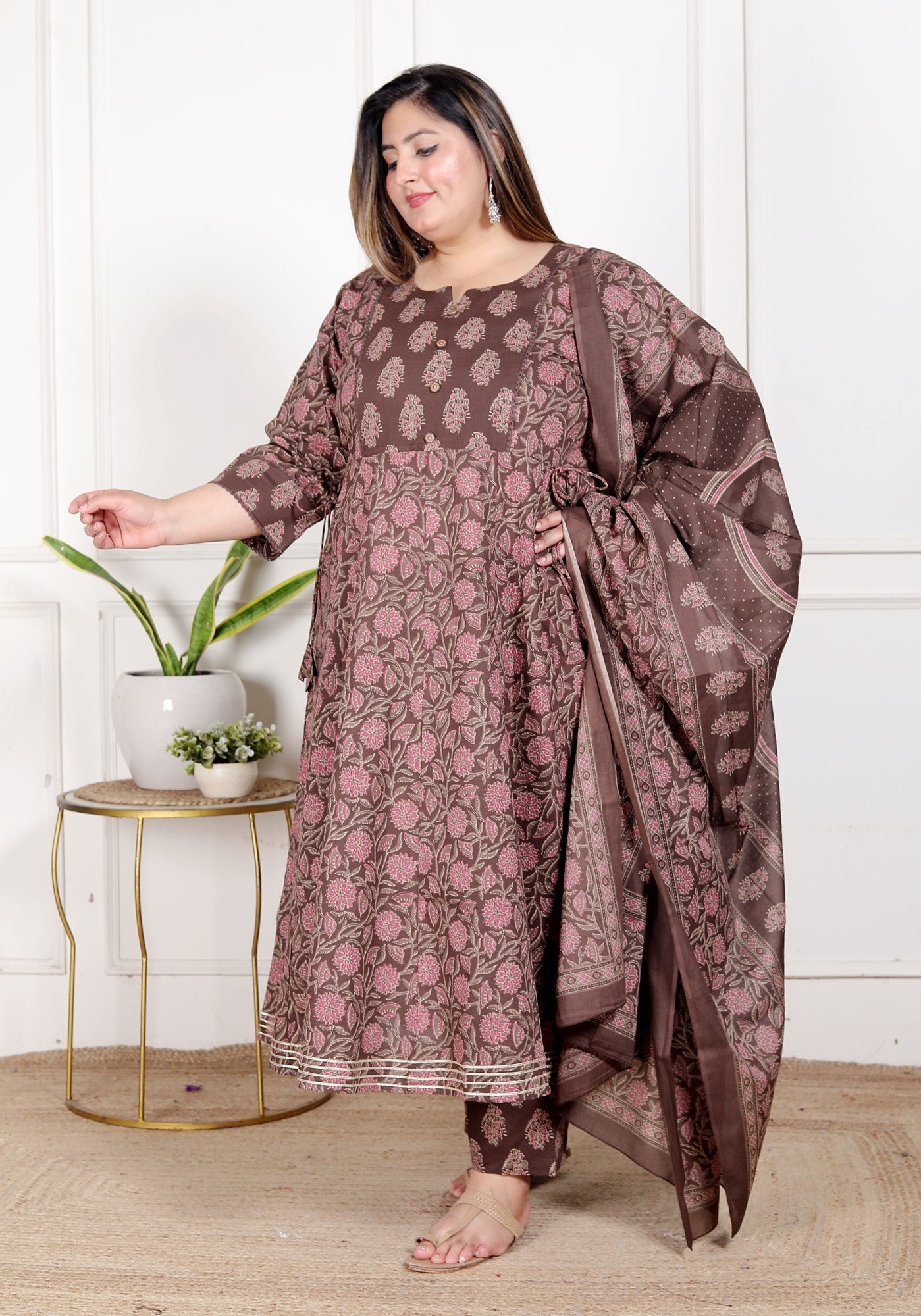 Plus Size Brown Anarkali Cotton Printed Flared Kurta Pant Set with Dupatta-210009