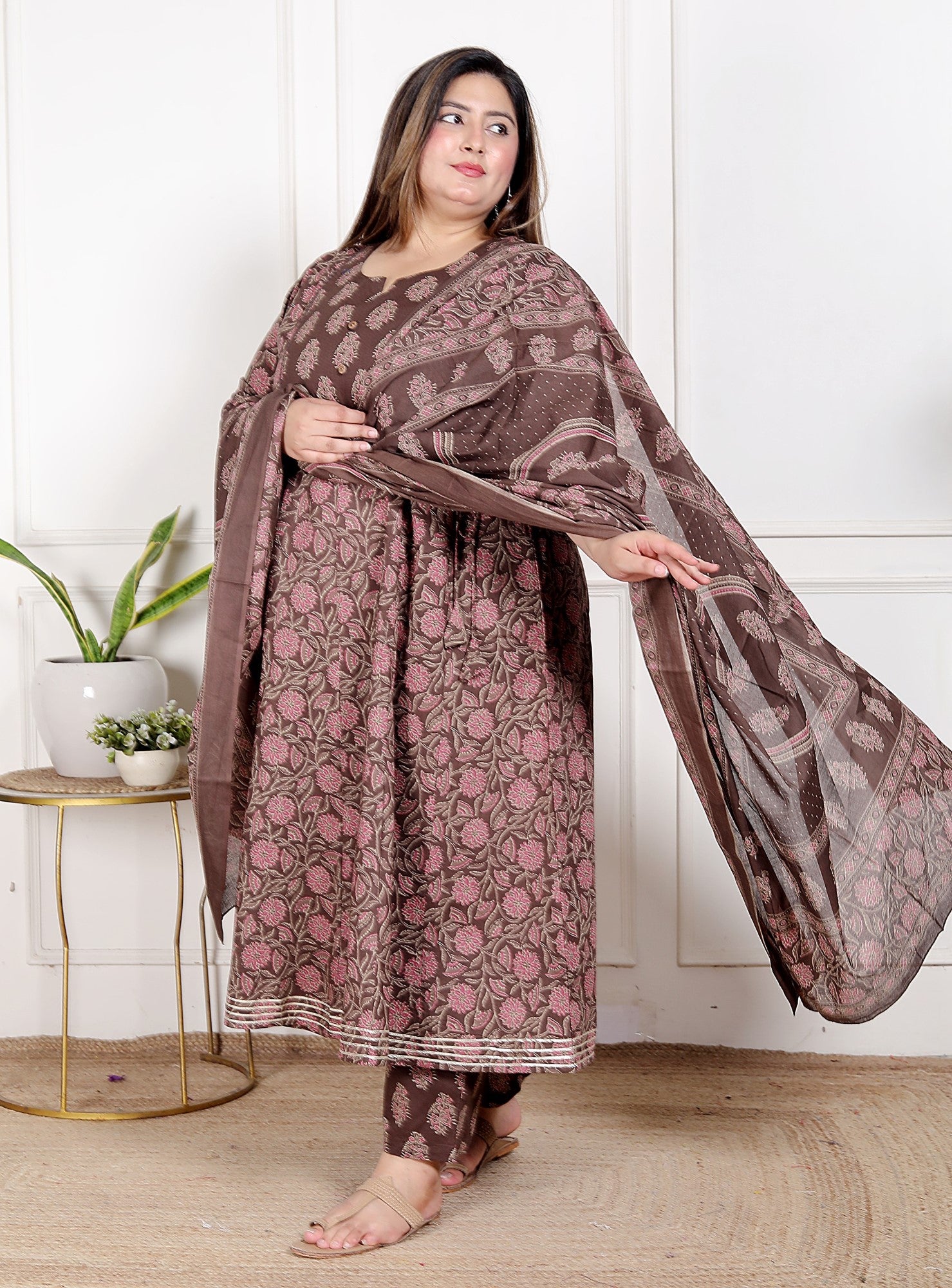 Plus Size Brown Anarkali Cotton Printed Flared Kurta Pant Set with Dupatta-210009