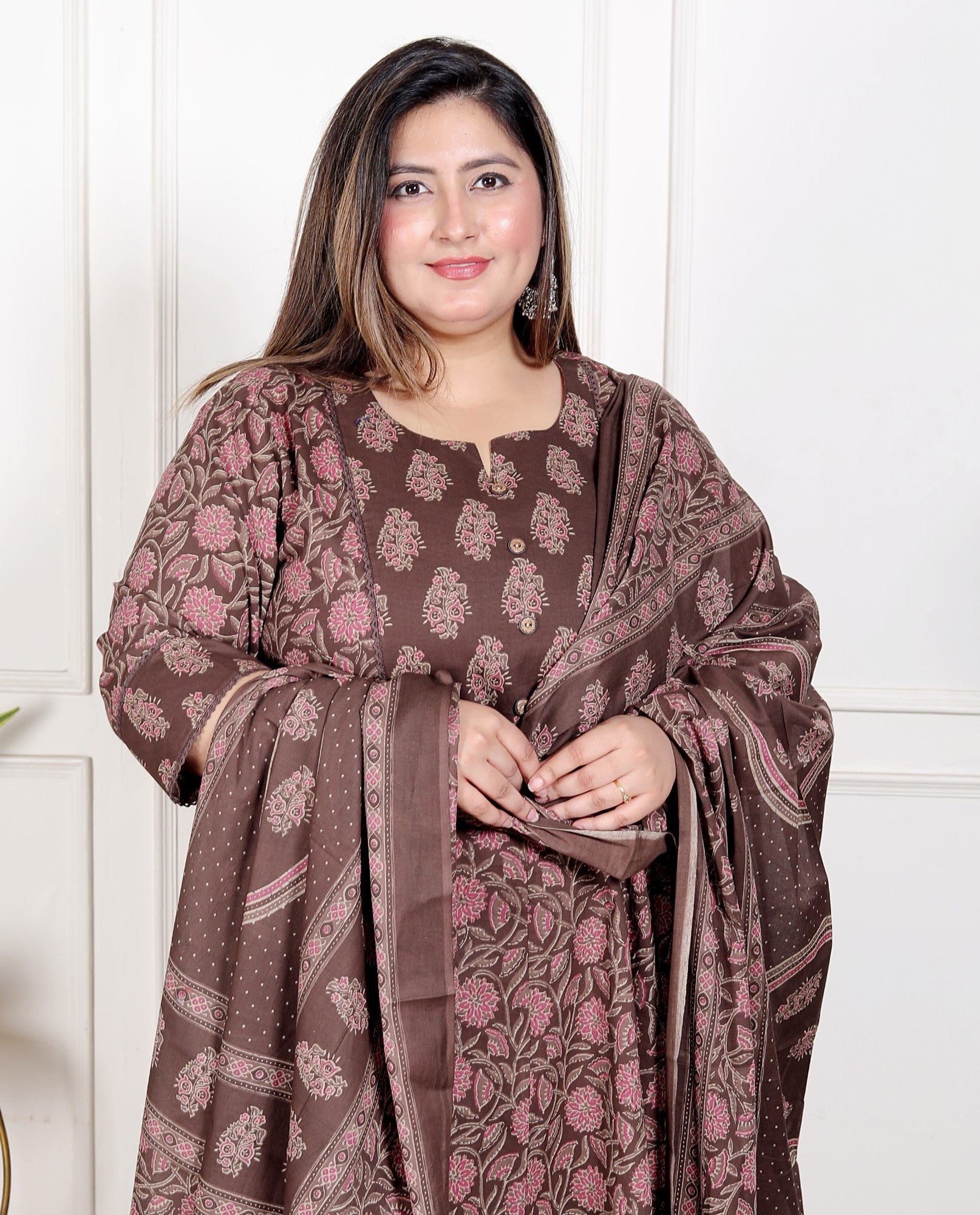 Plus Size Brown Anarkali Cotton Printed Flared Kurta Pant Set with Dupatta-210009