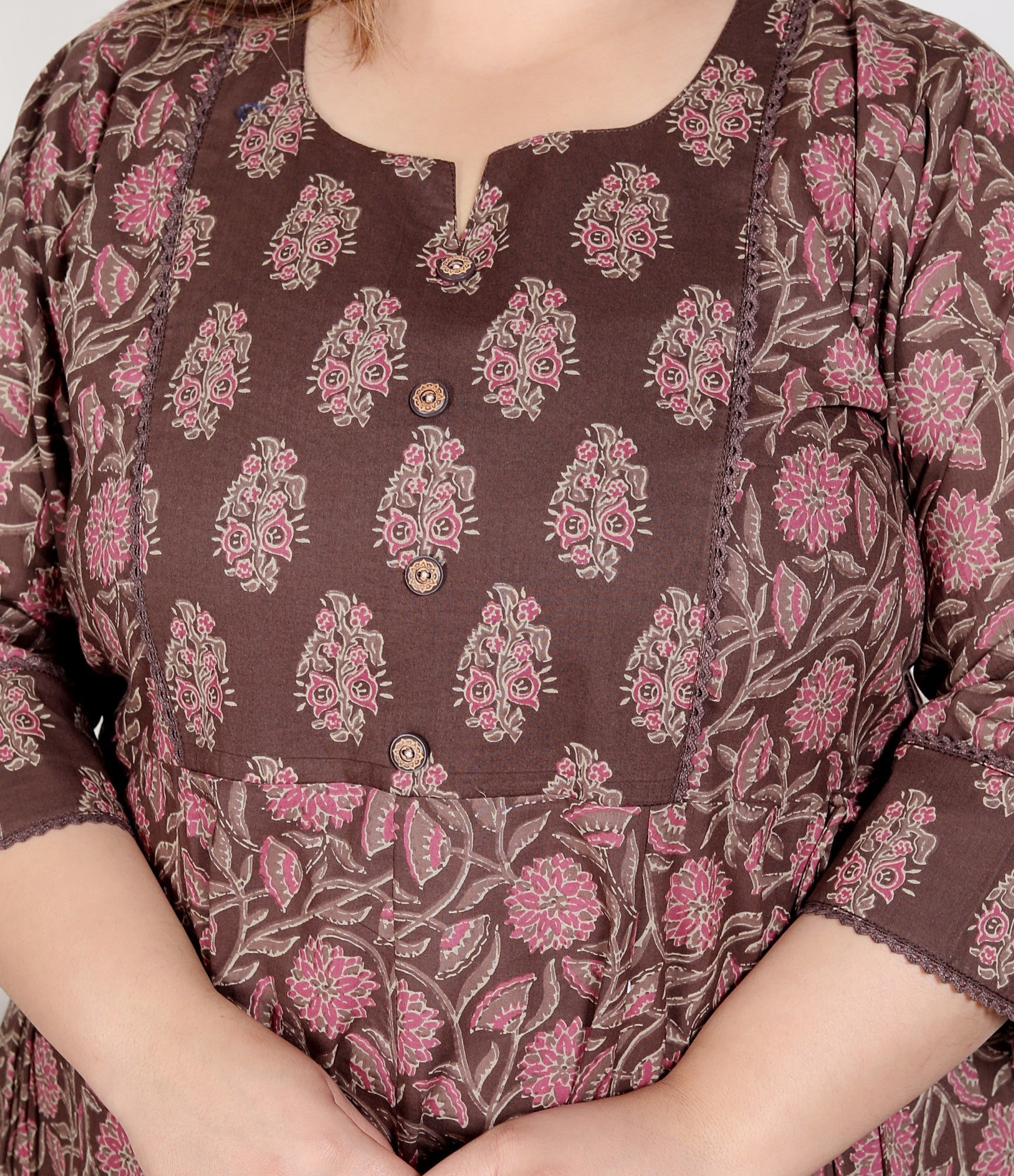 Plus Size Brown Anarkali Cotton Printed Flared Kurta Pant Set with Dupatta-210009