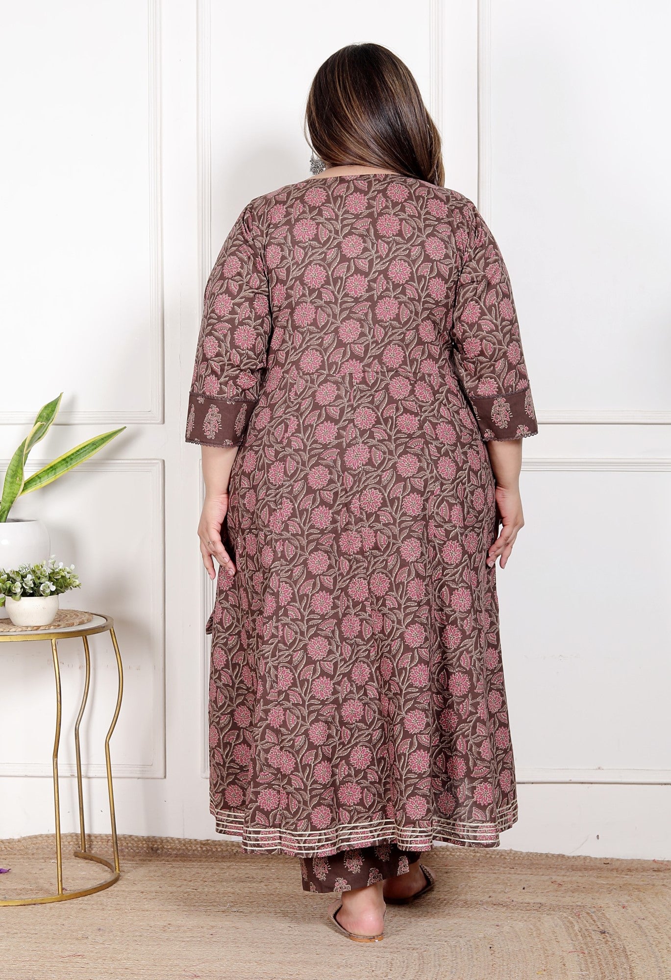 Plus Size Brown Anarkali Cotton Printed Flared Kurta Pant Set with Dupatta-210009