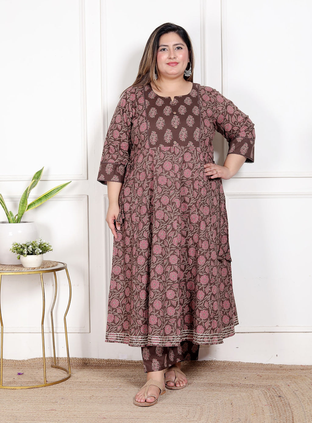 Plus Size Brown Anarkali Cotton Printed Flared Kurta Pant Set with Dupatta-210009