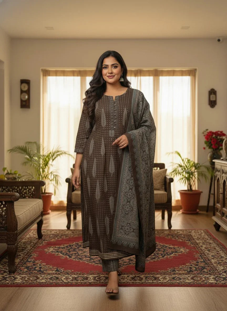 Plus Size Brown Anarkali Cotton Printed Flared Kurta Pant Set with Dupatta-210010 Secondary image