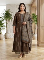 Plus Size Brown Anarkali Cotton Printed Flared Kurta Pant Set with Dupatta-210010
