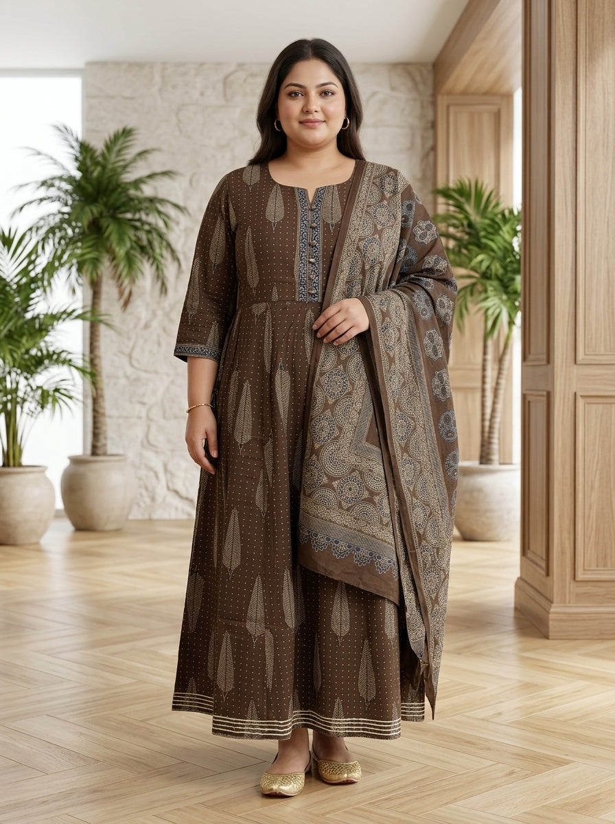 Plus Size Brown Anarkali Cotton Printed Flared Kurta Pant Set with Dupatta-210010