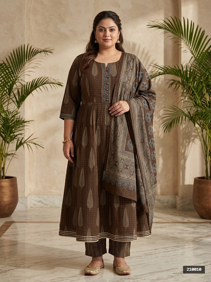 Plus Size Brown Anarkali Cotton Printed Flared Kurta Pant Set with Dupatta-210010
