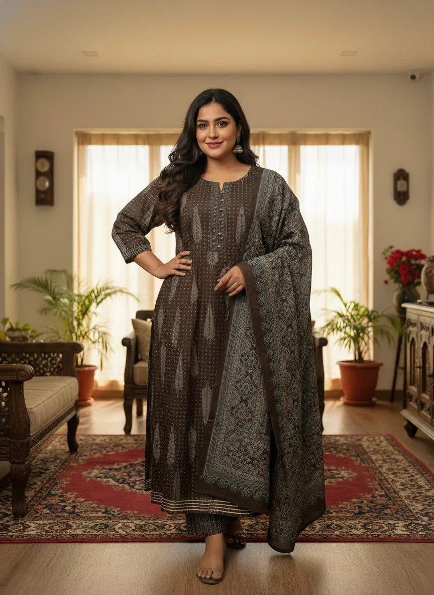 Plus Size Brown Anarkali Cotton Printed Flared Kurta Pant Set with Dupatta-210010