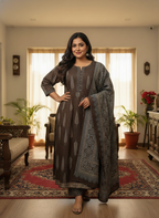 Plus Size Brown Anarkali Cotton Printed Flared Kurta Pant Set with Dupatta-210010