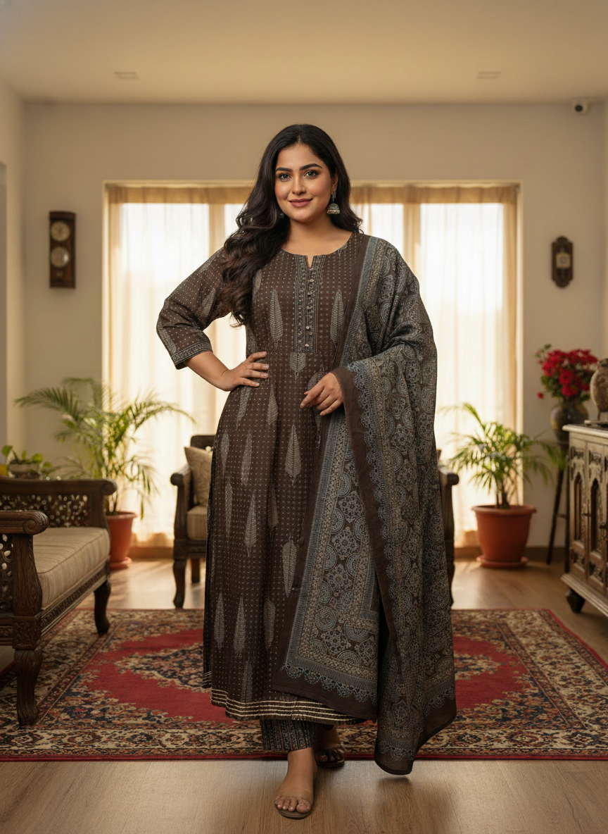 Plus Size Brown Anarkali Cotton Printed Flared Kurta Pant Set with Dupatta-210010