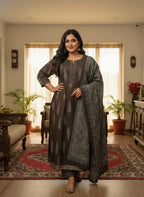 Plus Size Brown Anarkali Cotton Printed Flared Kurta Pant Set with Dupatta-210010