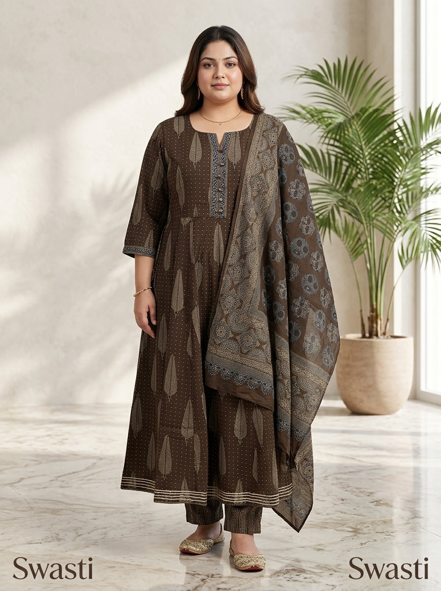 Plus Size Brown Anarkali Cotton Printed Flared Kurta Pant Set with Dupatta-210010