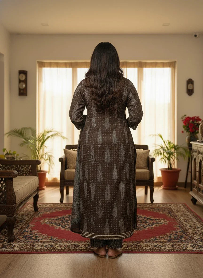 Plus Size Brown Anarkali Cotton Printed Flared Kurta Pant Set with Dupatta-210010