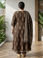 Plus Size Brown Anarkali Cotton Printed Flared Kurta Pant Set with Dupatta-210010