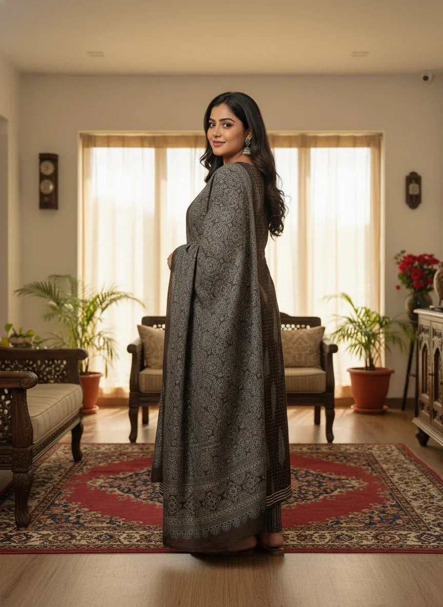 Plus Size Brown Anarkali Cotton Printed Flared Kurta Pant Set with Dupatta-210010