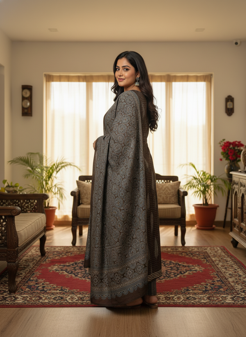 Plus Size Brown Anarkali Cotton Printed Flared Kurta Pant Set with Dupatta-210010