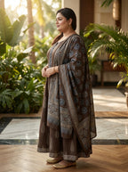 Plus Size Brown Anarkali Cotton Printed Flared Kurta Pant Set with Dupatta-210010