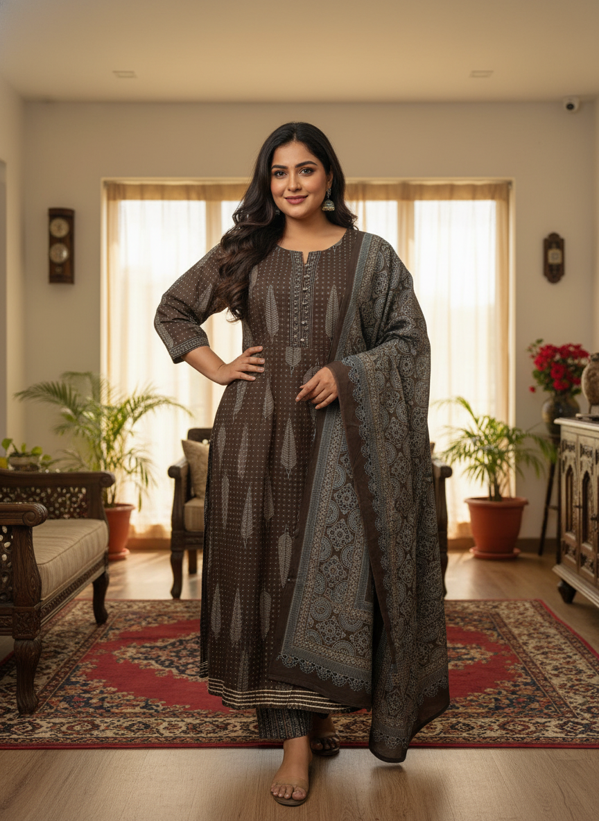 Plus Size Brown Anarkali Cotton Printed Flared Kurta Pant Set with Dupatta-210010