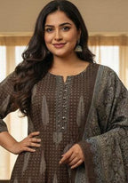 Plus Size Brown Anarkali Cotton Printed Flared Kurta Pant Set with Dupatta-210010