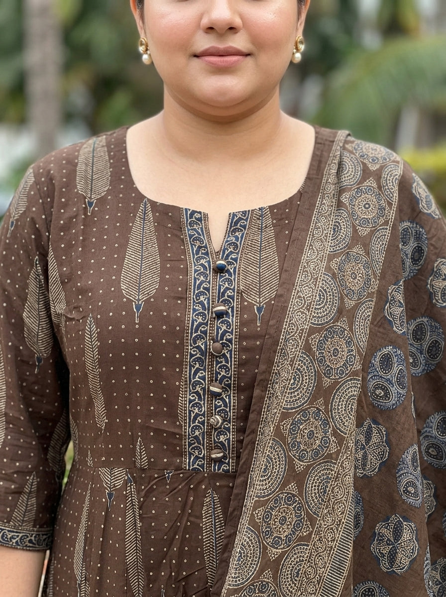Plus Size Brown Anarkali Cotton Printed Flared Kurta Pant Set with Dupatta-210010 Secondary image