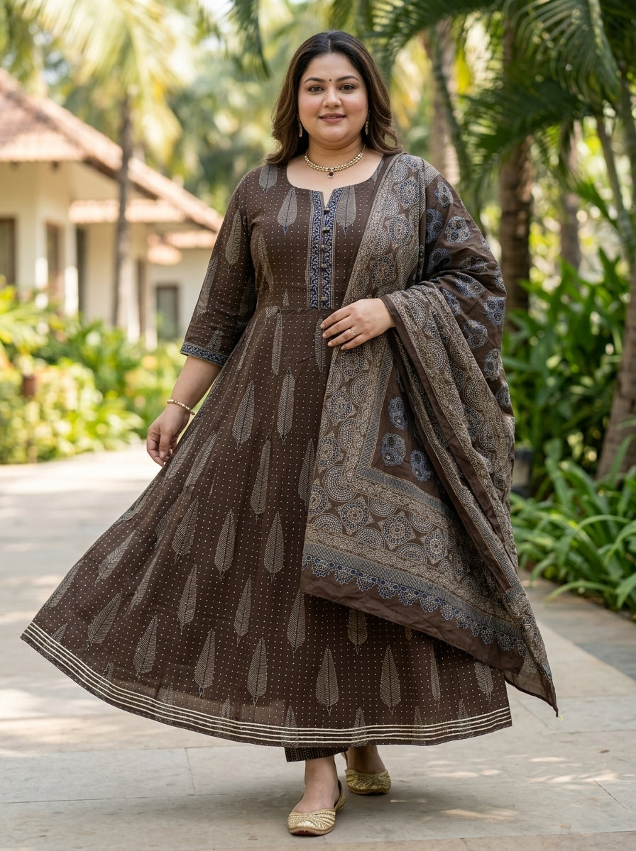 Plus Size Brown Anarkali Cotton Printed Flared Kurta Pant Set with Dupatta-210010 Main image