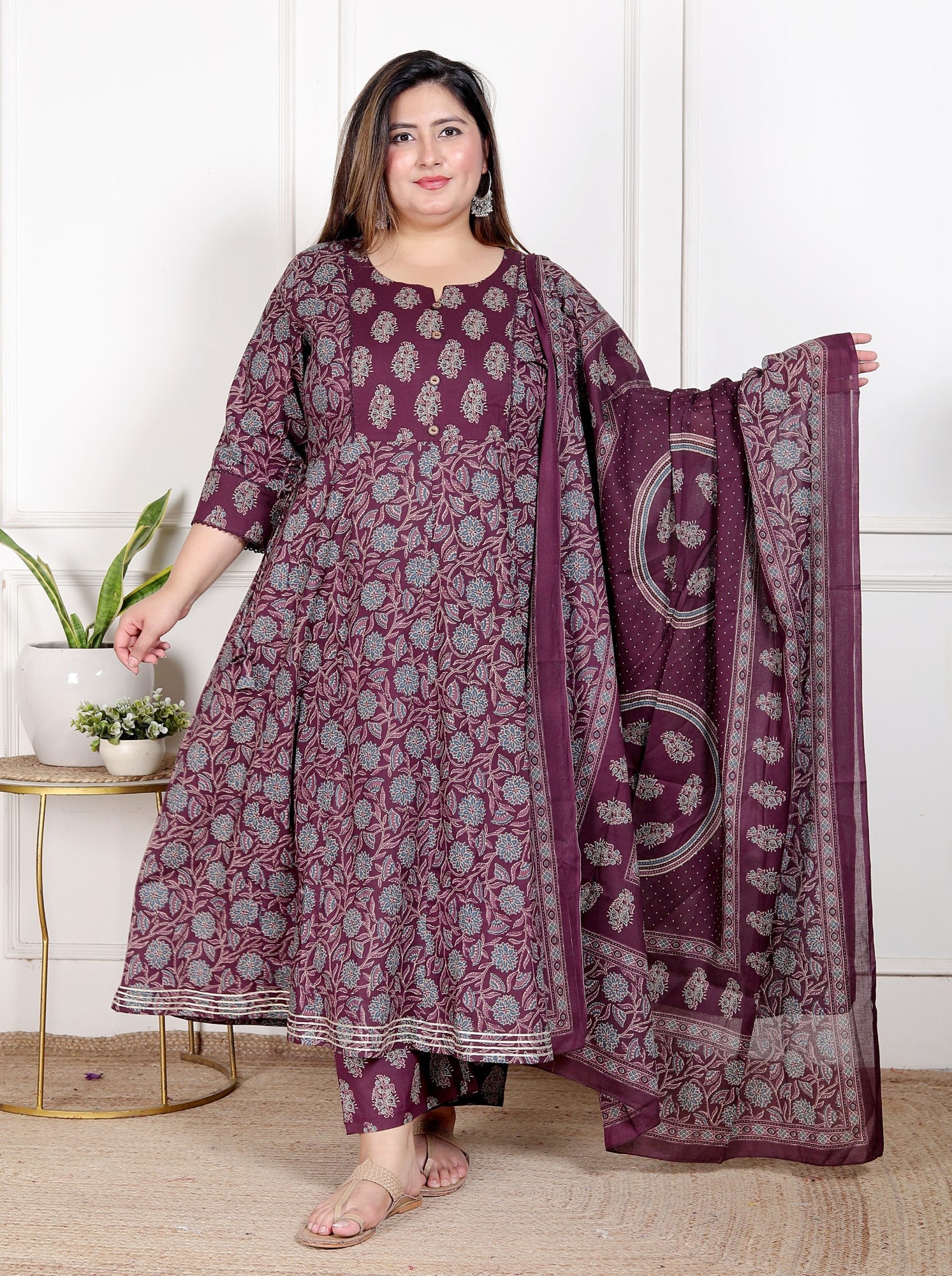Plus Size Purple Anarkali Cotton Printed Flared Kurta Pant Set with Dupatta-210011 Secondary image