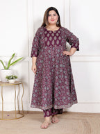 Plus Size Purple Anarkali Cotton Printed Flared Kurta Pant Set with Dupatta-210011