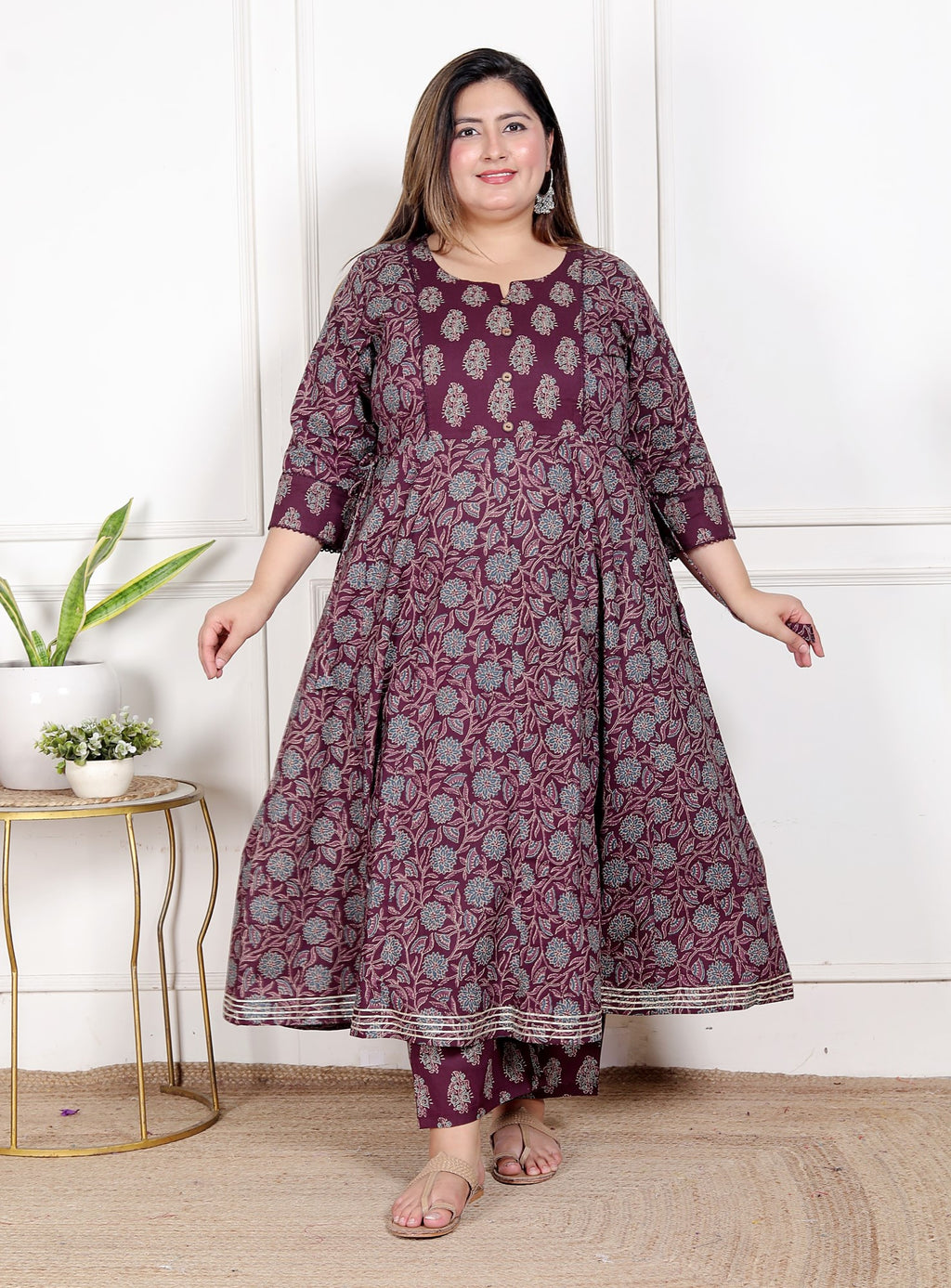 Plus Size Purple Anarkali Cotton Printed Flared Kurta Pant Set with Dupatta-210011