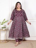 Plus Size Purple Anarkali Cotton Printed Flared Kurta Pant Set with Dupatta-210011