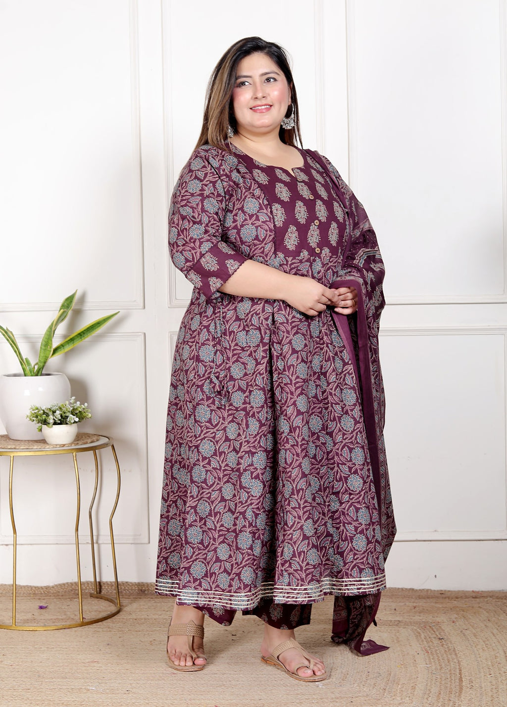 Plus Size Purple Anarkali Cotton Printed Flared Kurta Pant Set with Dupatta-210011