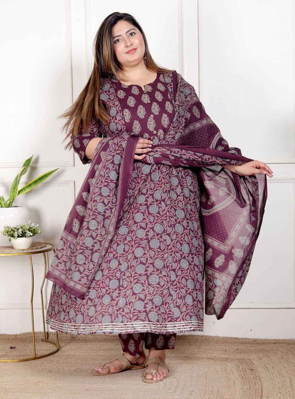 Plus Size Purple Anarkali Cotton Printed Flared Kurta Pant Set with Dupatta-210011