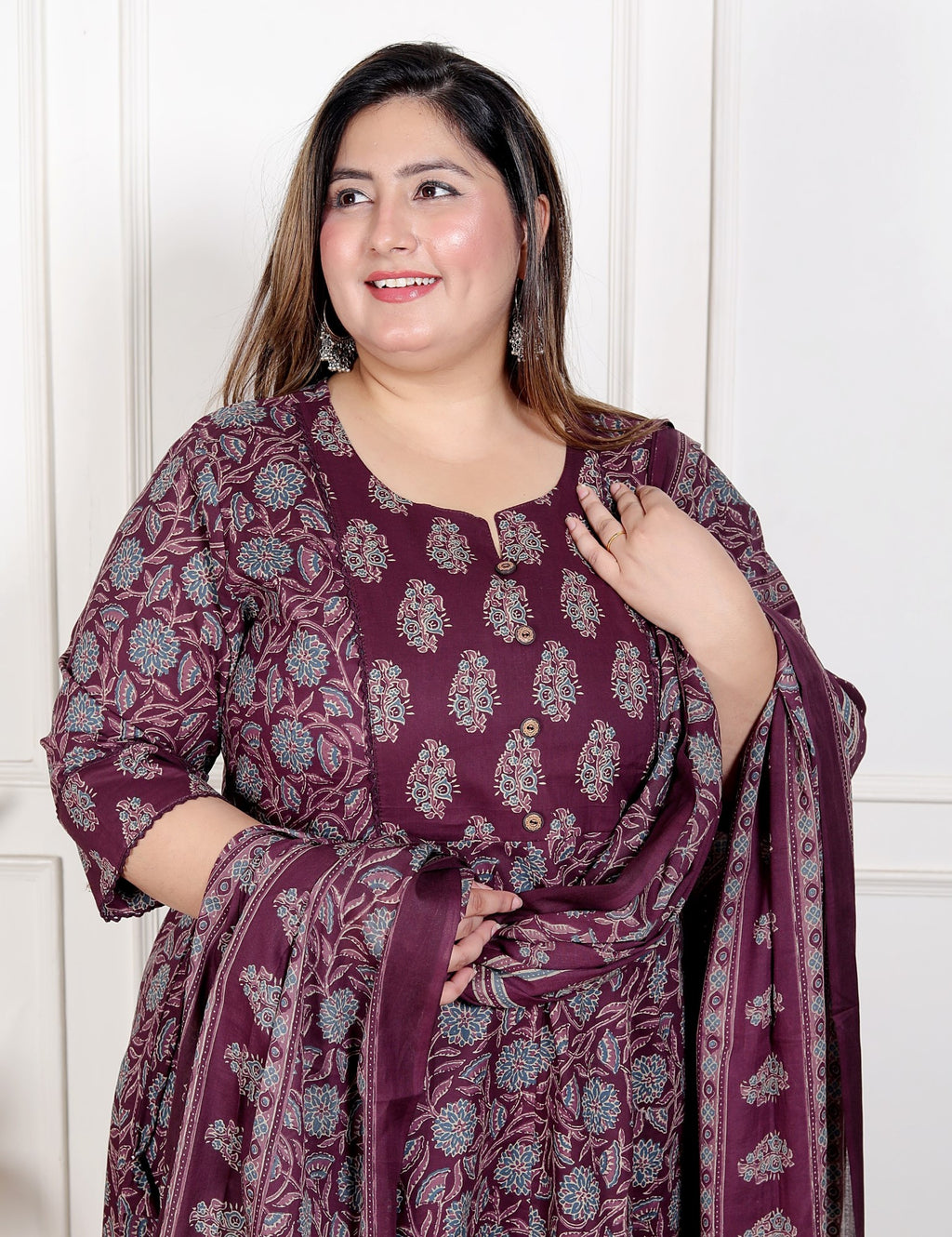 Plus Size Purple Anarkali Cotton Printed Flared Kurta Pant Set with Dupatta-210011