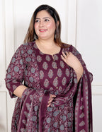 Plus Size Purple Anarkali Cotton Printed Flared Kurta Pant Set with Dupatta-210011