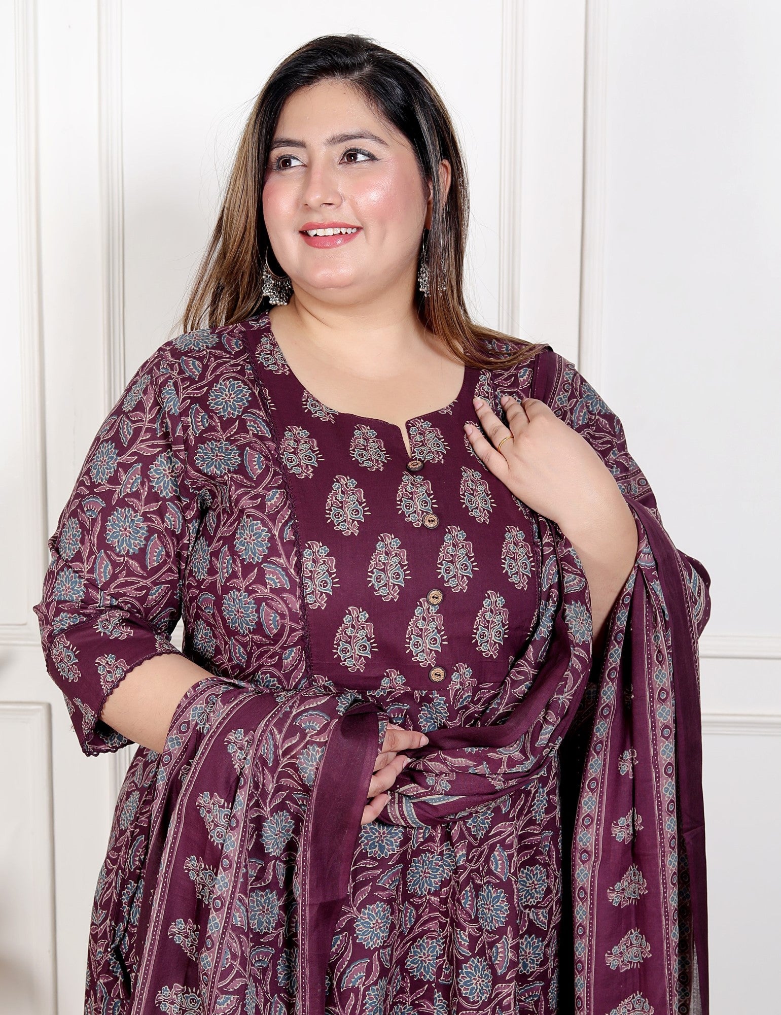 Plus Size Purple Anarkali Cotton Printed Flared Kurta Pant Set with Dupatta-210011