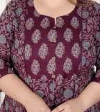 Plus Size Purple Anarkali Cotton Printed Flared Kurta Pant Set with Dupatta-210011