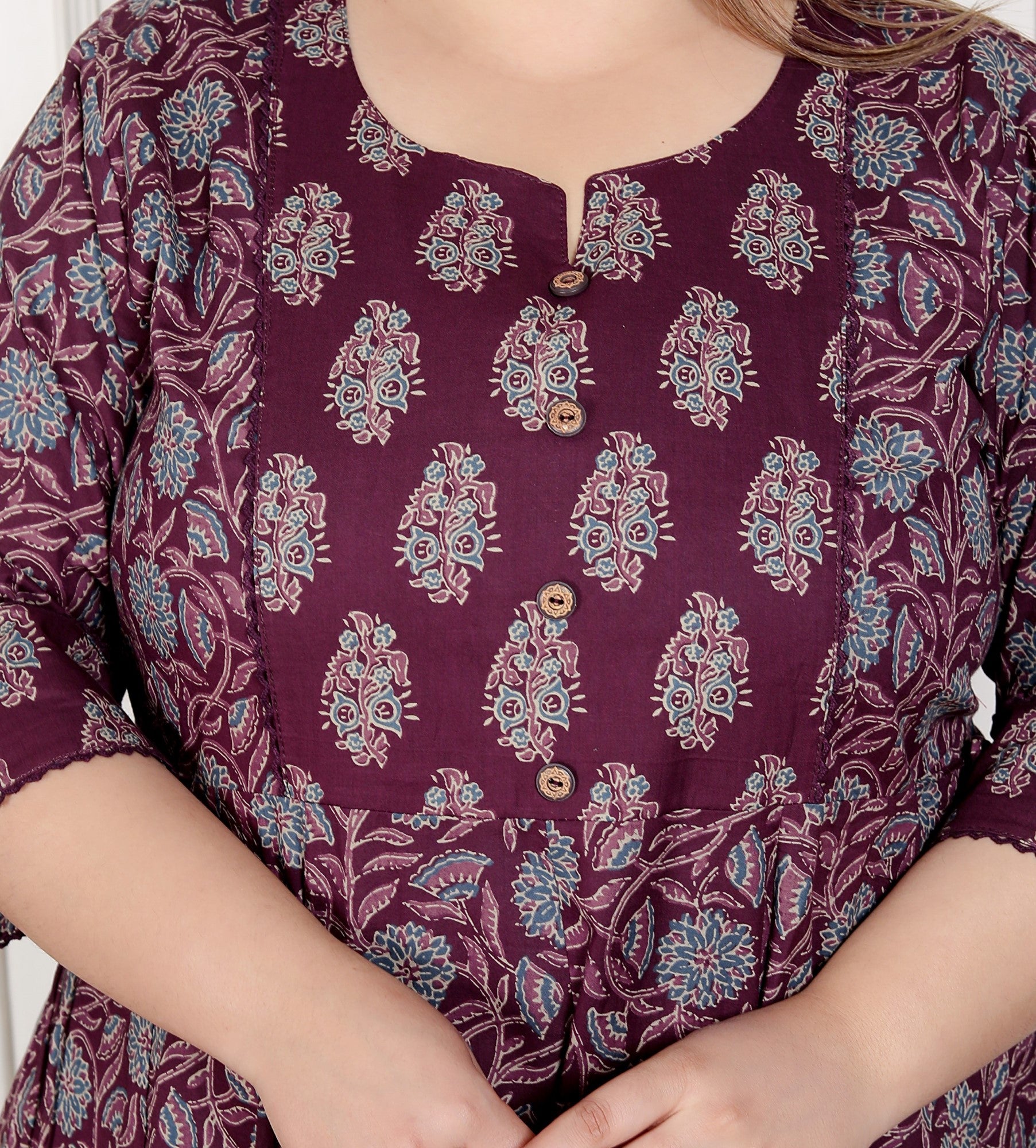 Plus Size Purple Anarkali Cotton Printed Flared Kurta Pant Set with Dupatta-210011