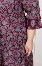 Plus Size Purple Anarkali Cotton Printed Flared Kurta Pant Set with Dupatta-210011