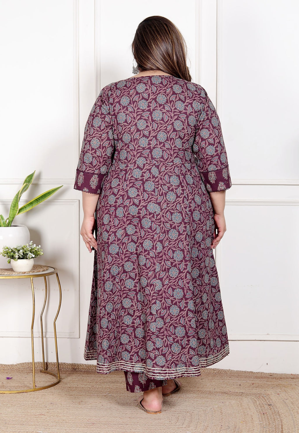 Plus Size Purple Anarkali Cotton Printed Flared Kurta Pant Set with Dupatta-210011