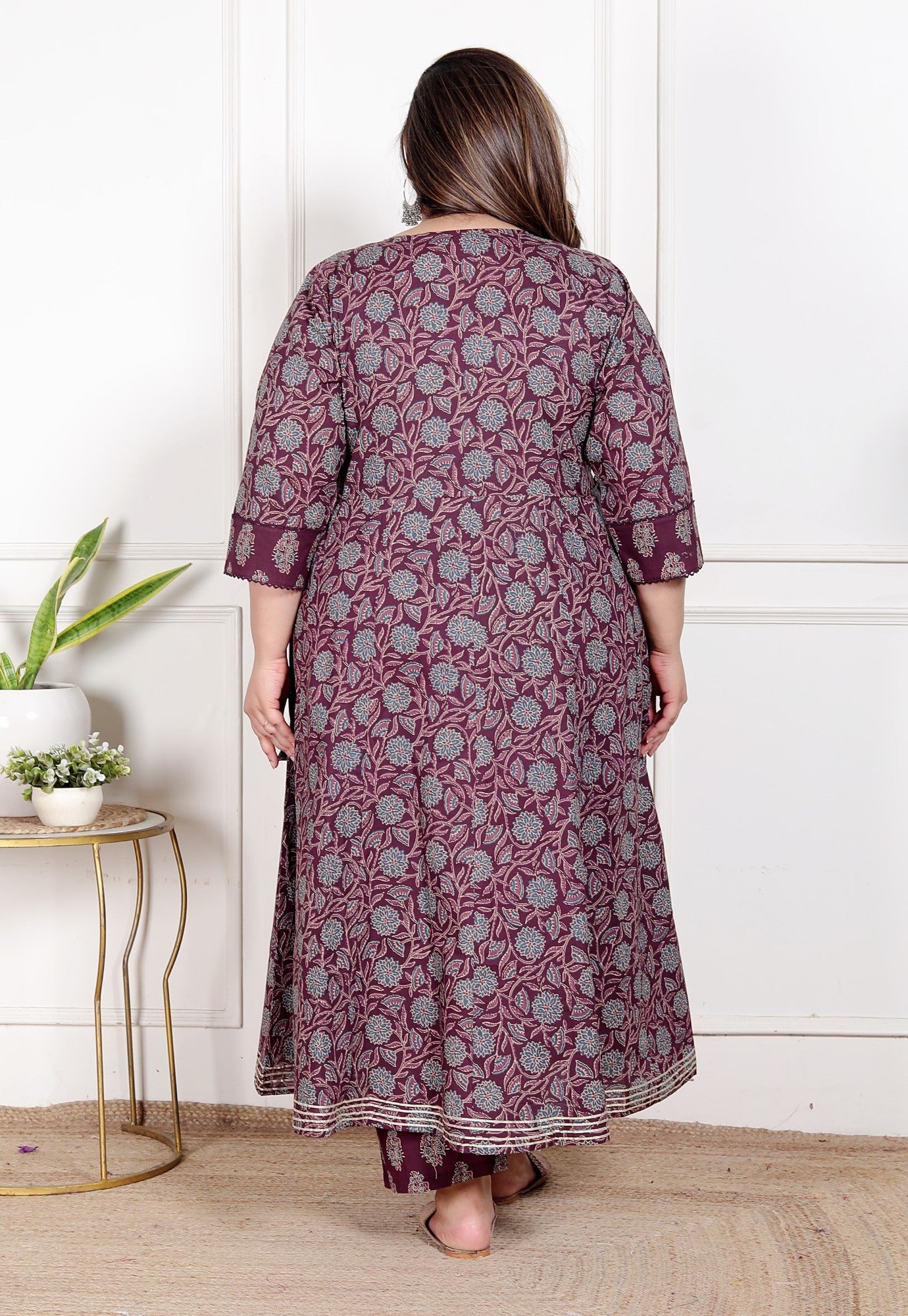 Plus Size Purple Anarkali Cotton Printed Flared Kurta Pant Set with Dupatta-210011